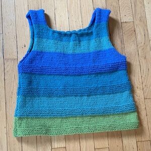 100% Wool Striped Blue and Green Knit Vest, size M (knit by me)
